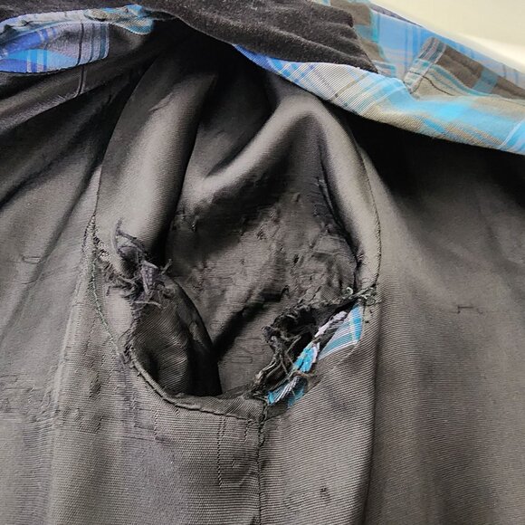 Vtg 60s Blue Shadow Plaid Lightweight Long Coat Black Velvet Collar Union Made - Picture 10 of 15